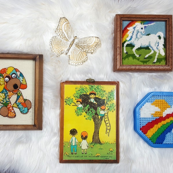 Vintage Colorful Wall Art Gallery, Flavia Plaque, Rainbows, Unicorn, Butterfly, Patchwork Dog, Crewel Embroidery, Children's Room