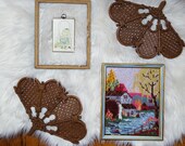 Vintage Wall Hanging Gallery, Pair of Burwood Plastic Fans, Mill Wheel House Crewel, Little Girl Sewing Plaque