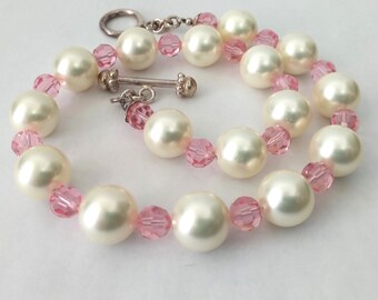 Chunky Glass Pearl Pink Crystal Choker Necklace 925 Silver Toggle Clasp, 14mm Pearl Statement Necklace