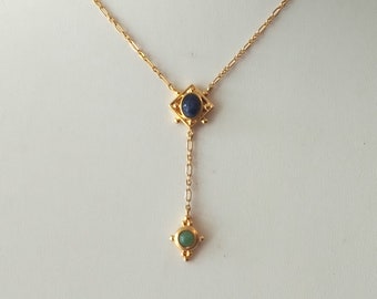 Weingeroff Gold Tone Blue Scarab Stone Y Pendant Necklace