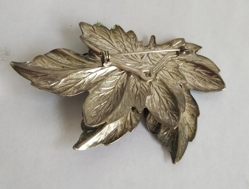 Vintage Jewelry Vintage Silver Enamel Maple Leaf Brooch Metallic Blue Green Enamel Leaves Large Leaf Brooch Dimensional Statement Brooch