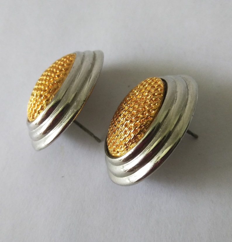 Silver and Gold Oval Cabochon Stud Earrings Costume Jewelry Two Tone Statement Earrings Chunky Stud Earrings Vintage Jewelry
