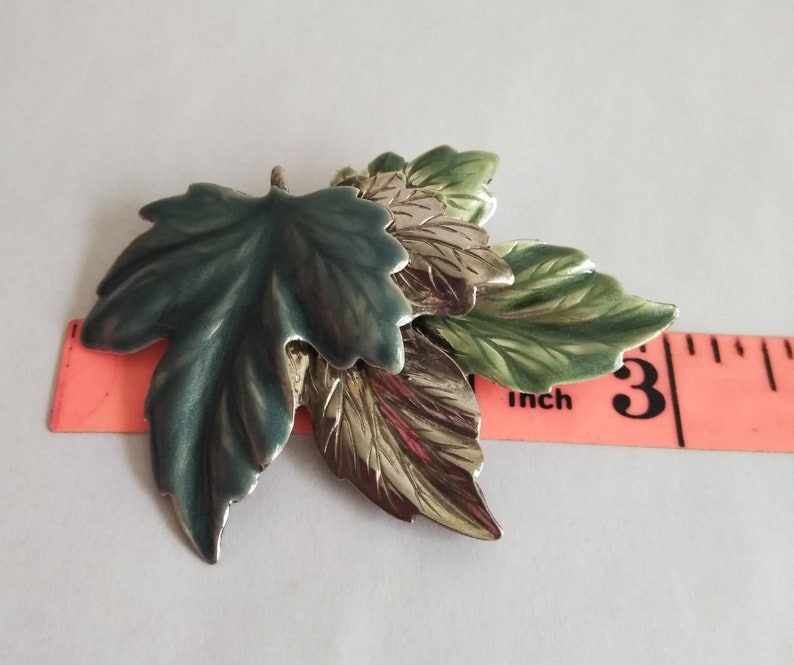 Vintage Jewelry Vintage Silver Enamel Maple Leaf Brooch Metallic Blue Green Enamel Leaves Large Leaf Brooch Dimensional Statement Brooch