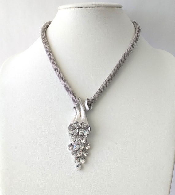 Silver Mesh Crystal Waterfall Tassel Pendant Necklace Mesh Snake