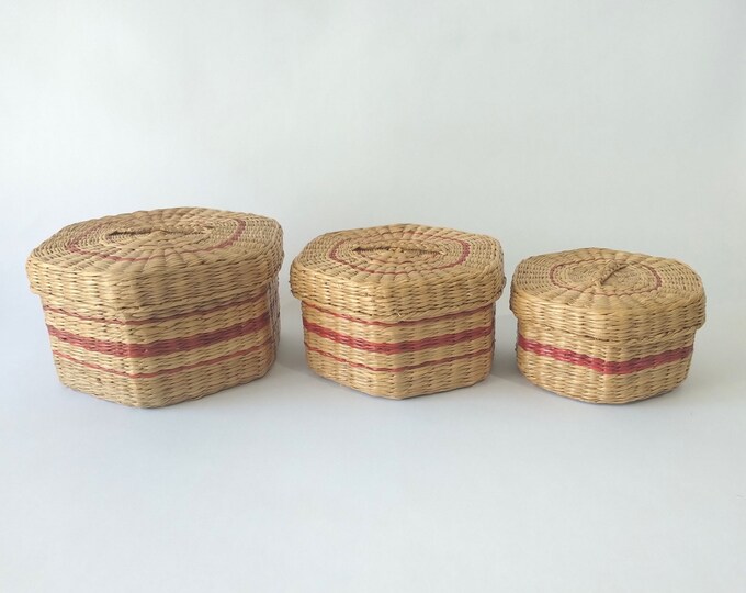 3 Octagon Wicker Nesting Baskets With Lids Tight Woven Baskets