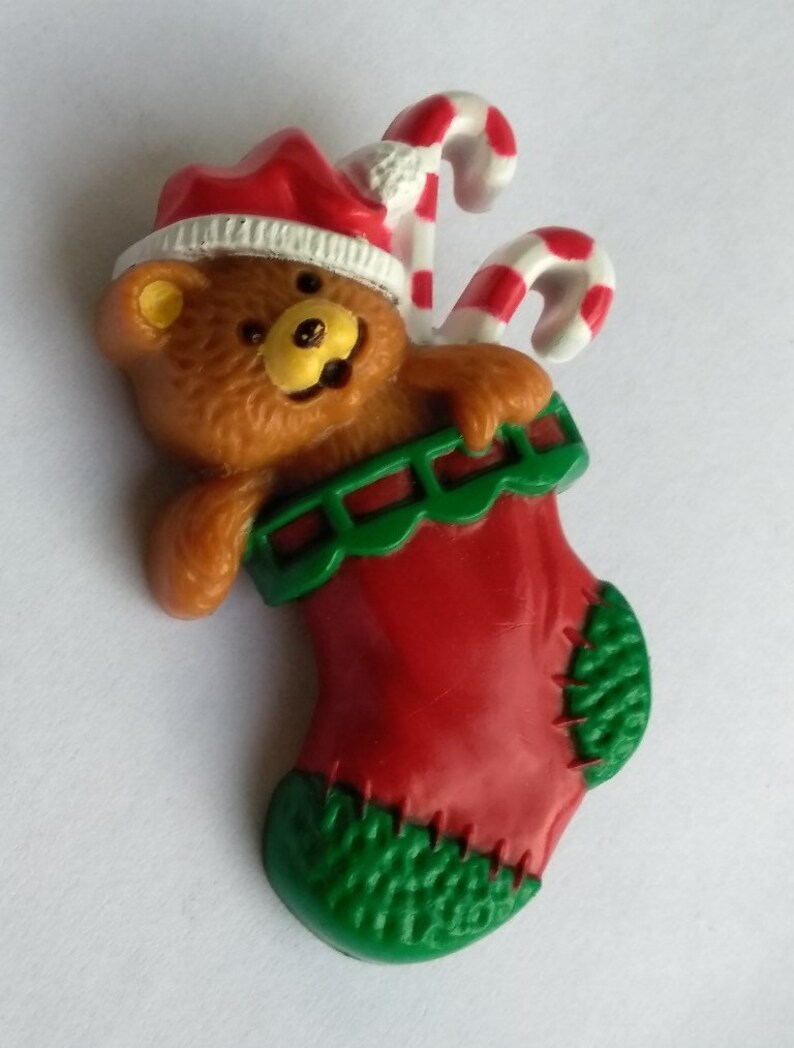 Plastic Holiday Brooch Pins Christmas Jewelry 1980 Hallmark Christmas Brooch Vintage Pins Girls Holiday Pins Christmas Bear Stocking