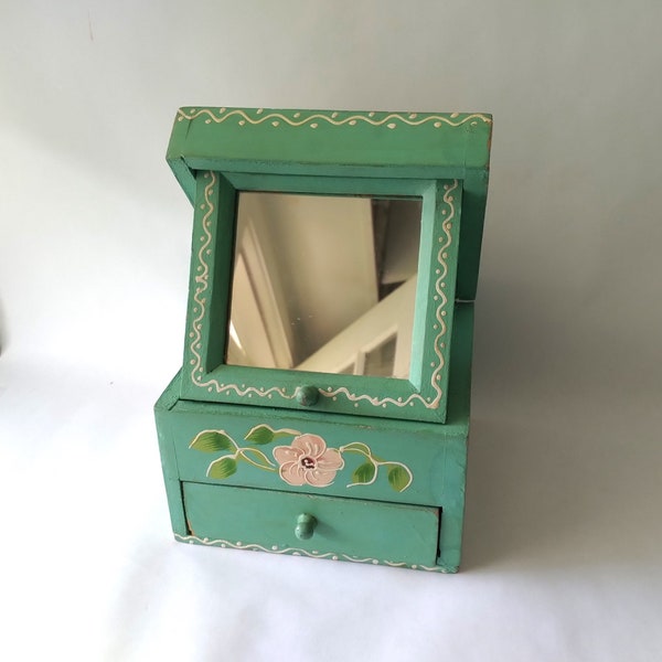 Wooden Hand Painted Jewelry Box Hinged Fold Out Mirror Jewelry Box Handcrafted Wooden Jewelry Box Gift for Her