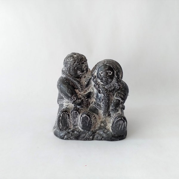 Wolf Original Eskimo Black Soapstone Eskimo Couple Figurine