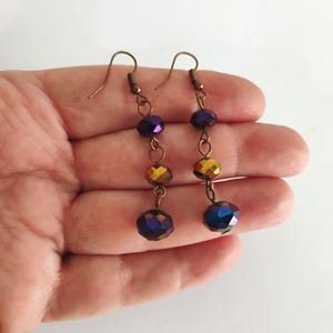 Purple Crystal Dangle Earrings: Bronze Tone Vintage Style