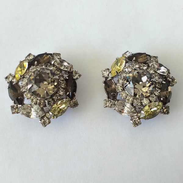 Hobe Rhinestone Earrings, Smoky Quartz Yellow and Clear Rhinestone Cluster Clip On Statement Earrings, Multicolor Hobe Earrings