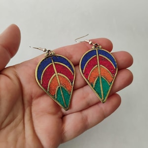 Crushed Gemstone Inlay Leaf Dangle Earrings, Gold Tone Multicolor Inlay Stone Dangle Earrings, Handmade Earrings