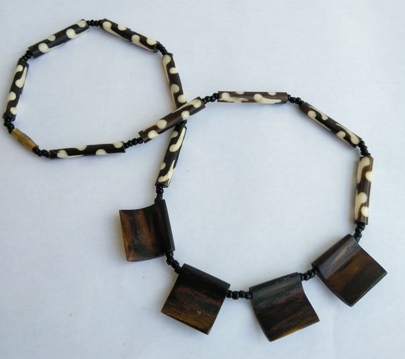 Vintage African Batik Bone Tribal Beaded Necklace Masai Kenya African Batik Bone Bead Necklace Handcrafted Ethnic Necklace
