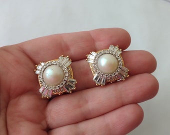 Nina Ricci Pave Rhinestone Faux Pearl Clip On Earrings, Nina Ricci Gold Baguette Rhinestones Earrings, Vintage Jewelry Gift for Women