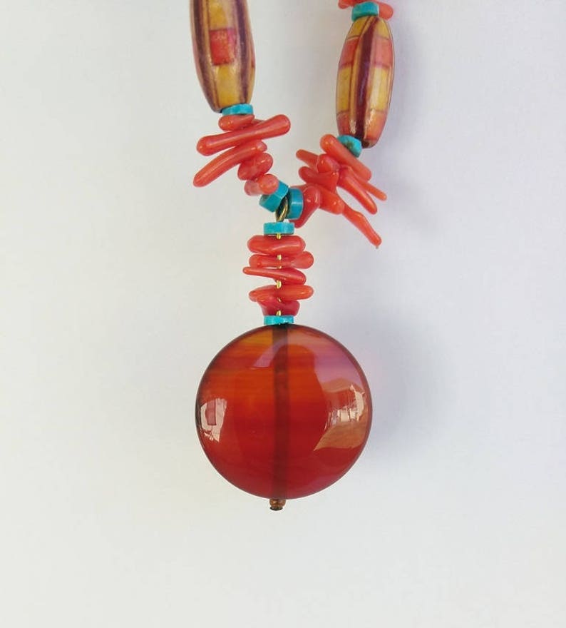 Orange Coral Beads Multicolor Wood Beads Red Natural Agate Necklace, Vintage Carnelian Coral Wood Bead Pendant Necklace Turquoise Stones
