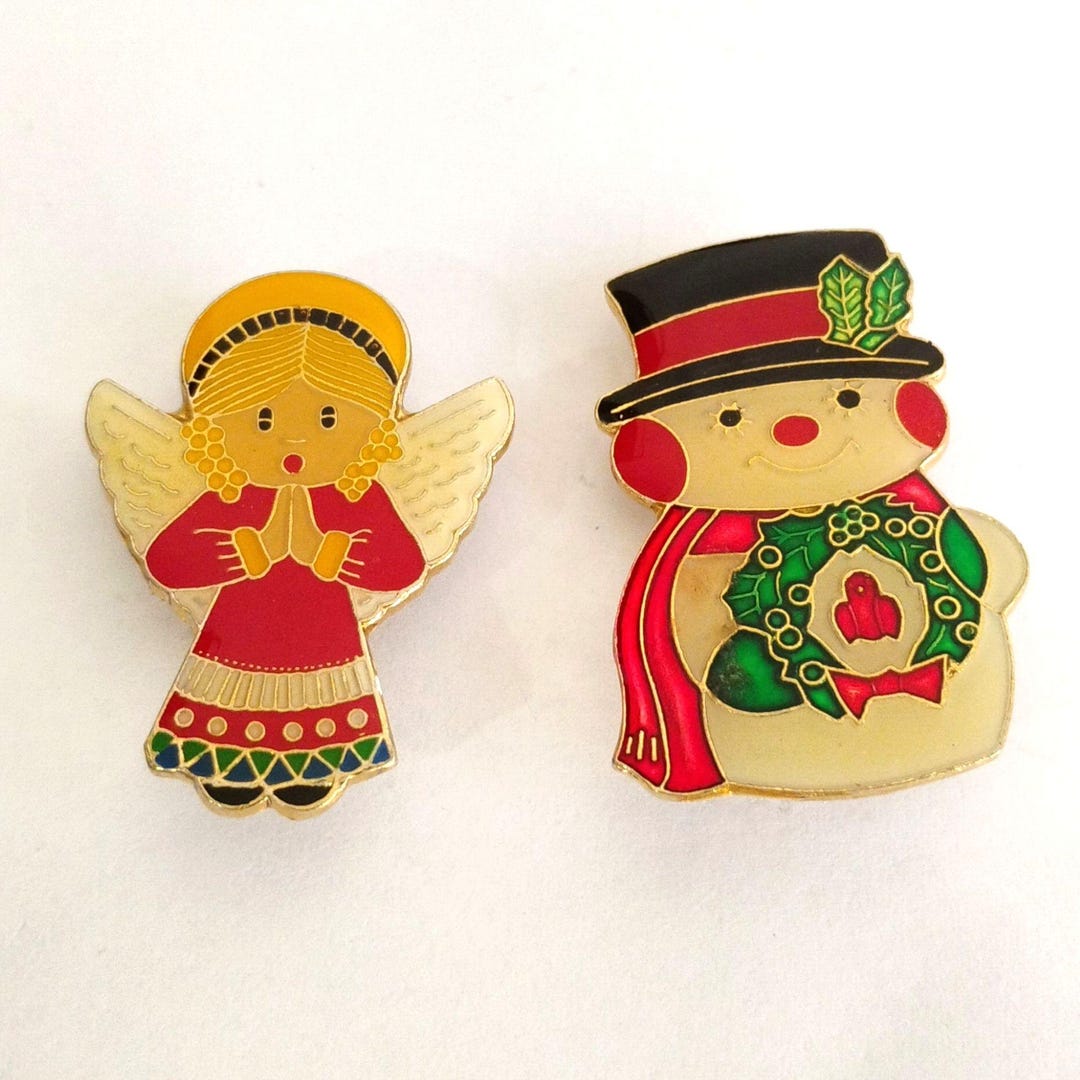 Vintage Christmas Enamel Brooches Set | Snowman and Angel Holiday Pins ...
