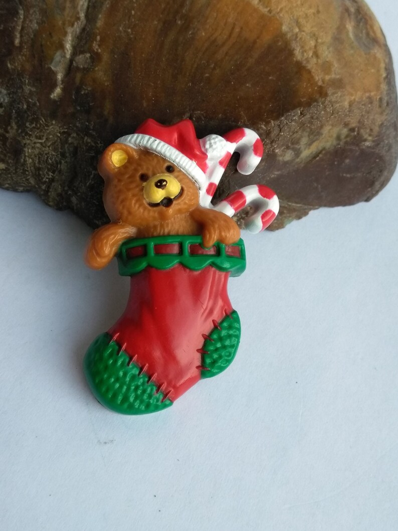 Plastic Holiday Brooch Pins Christmas Jewelry 1980 Hallmark Christmas Brooch Vintage Pins Girls Holiday Pins Christmas Bear Stocking