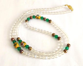 Vintage Chinese Cloisonne Floral Frosted Glass Bead Necklace Multi Strand Women Statement Jewelry Gift