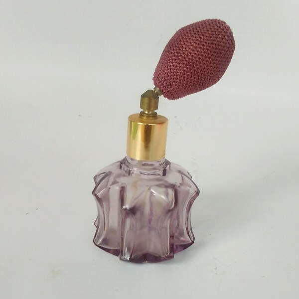 Vintage Amithyist Glass Perfume Bottle with Atomizer  Star Shaped Perfume Bottle Art Deco Style