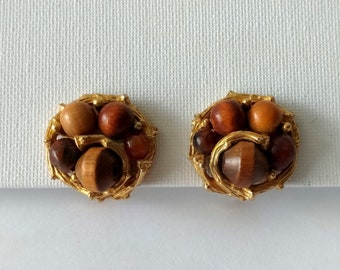 Signed Art Gold Wood Bead Cluster Clip On Earrings, Gold Tone Bamboo bead earrings