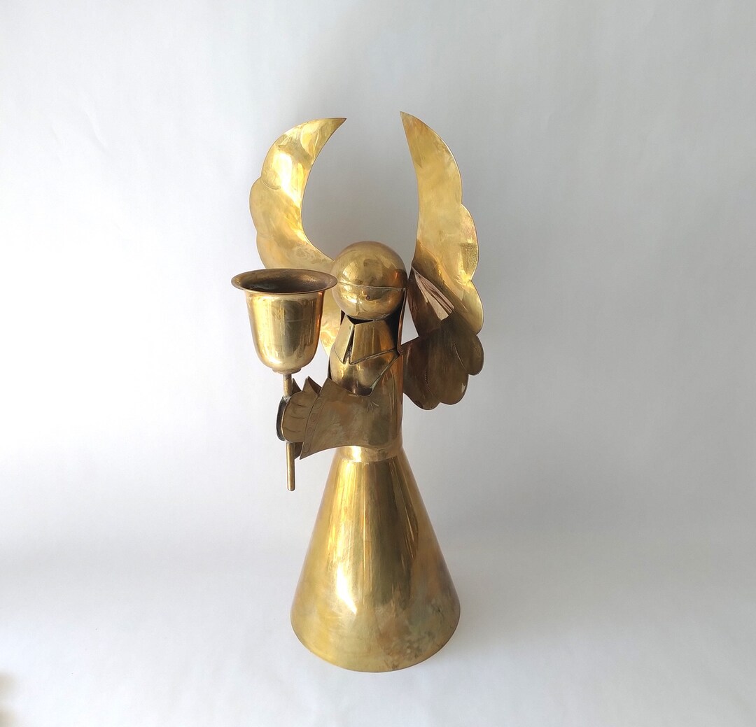 Large Mexican Solid Brass Angel Candlestick Holder, Large Brass Angel