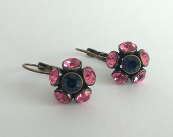 Chunky Pink Rhinestone Flower Lever Back Earrings, Bronze Tone Blue and Pink Cluster Rhinestone Dangle Earrings