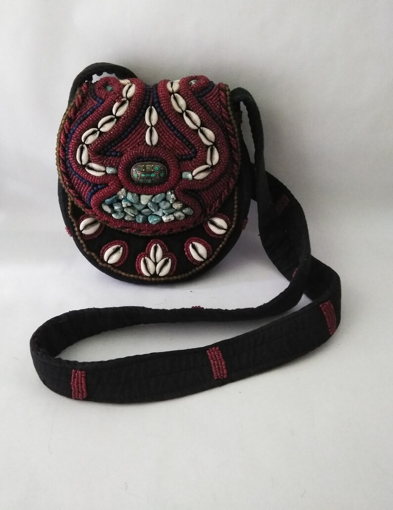 Black Fabric Purse Handbag Handmade Beaded Crossbody Bag Boho Purse Turquoise Cowrie Shell Red Bead Crossbody Shoulder Bag Handcrafted
