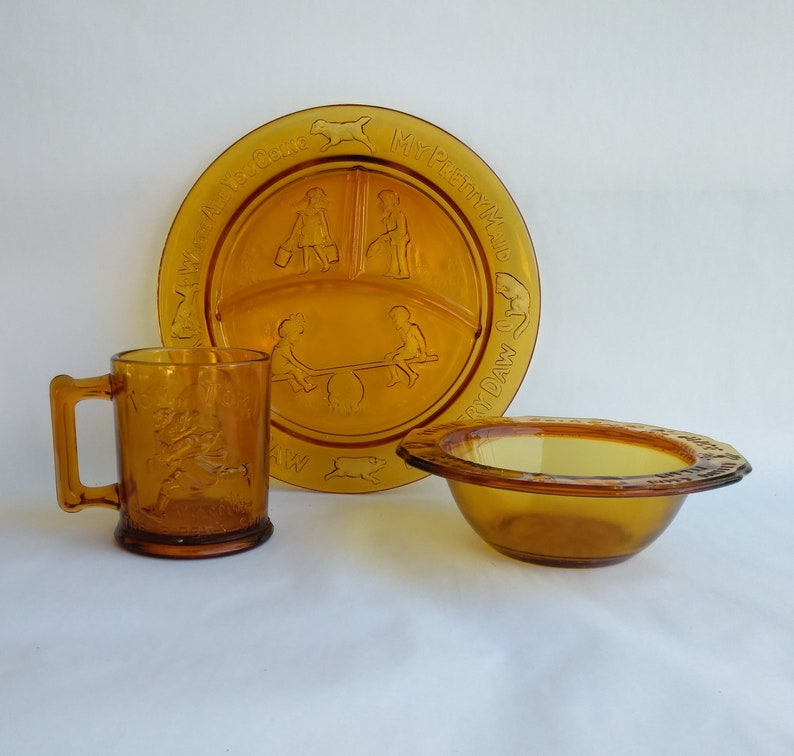 and Mug Tiara Exclusive Amber Glass Nursery Rhyme Children/'s 3 Piece Dinnerware Set Divided Plate Indiana Glass USA Bowl