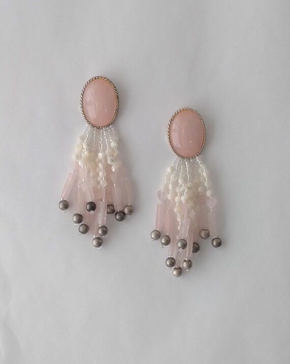 Vintage Rose Quartz Mother of Pearl Tassel Clip On