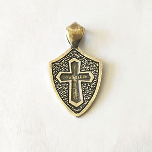 925 Sterling Silver Cross Shield Pendant | Men's Christian Jewelry | Isaiah 41:10 Bible Verse Necklace | Armor of God Crest Religious Charm