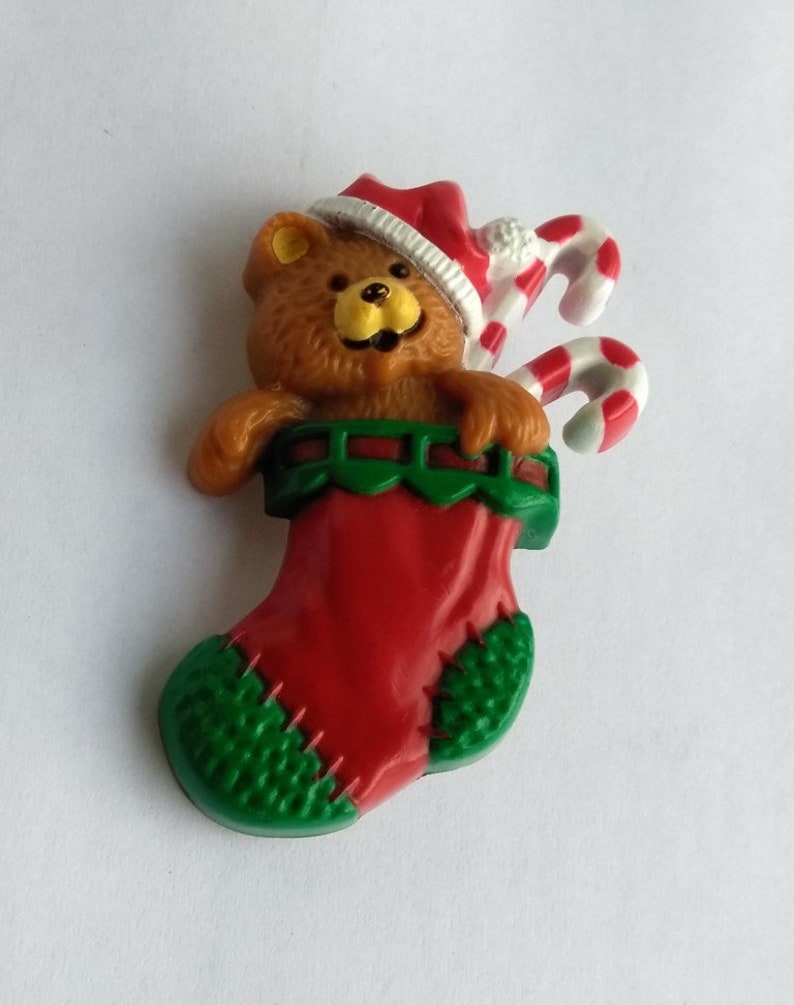 Plastic Holiday Brooch Pins Christmas Jewelry 1980 Hallmark Christmas Brooch Vintage Pins Girls Holiday Pins Christmas Bear Stocking