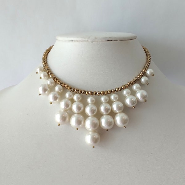 Glass Pearl Bead Fringe Choker Necklace Faceted Gold Crystal Pearl Choker, Faux Pearl Statement Necklace, Pearl Bib Necklace