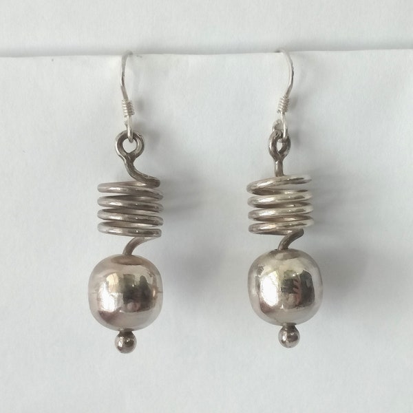 925 Sterling Silver Coiled Bead Dangle Drop Earrings, Handmade 925 Silver Spiral Earrings for Women