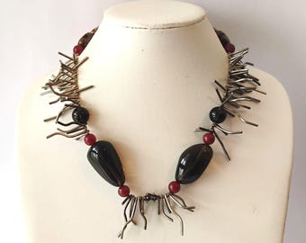 Brutalist 925 Sterling Silver Spike Collar Necklace Smoky Quartz, Jasper Carnelian