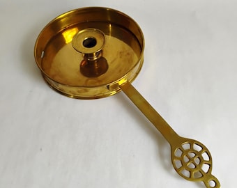 Vintage 15.75in Large Solid Brass Chamberstick Candle Holder Long Pierced Handle
