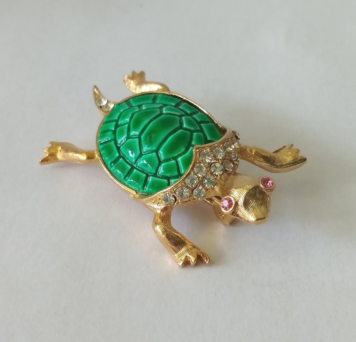 Gold Ceramic Turtle Brooch with Pink Rhinestones Eyes Brushed Etsy