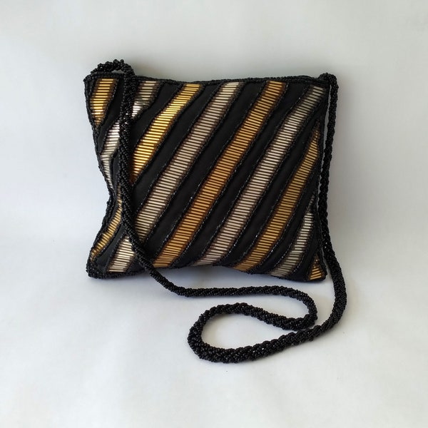 Clovis Ruffin Beaded Evening Bag Gold and Silver Bead Shoulder Bag, Vintage Beaded Evening Bags