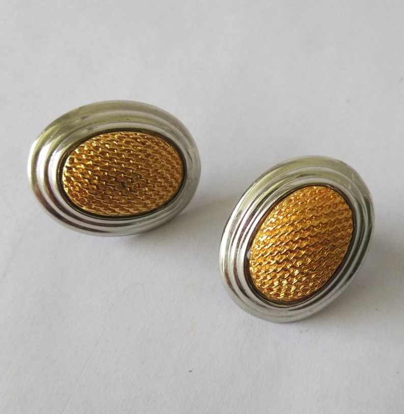 Silver and Gold Oval Cabochon Stud Earrings Costume Jewelry Two Tone Statement Earrings Chunky Stud Earrings Vintage Jewelry