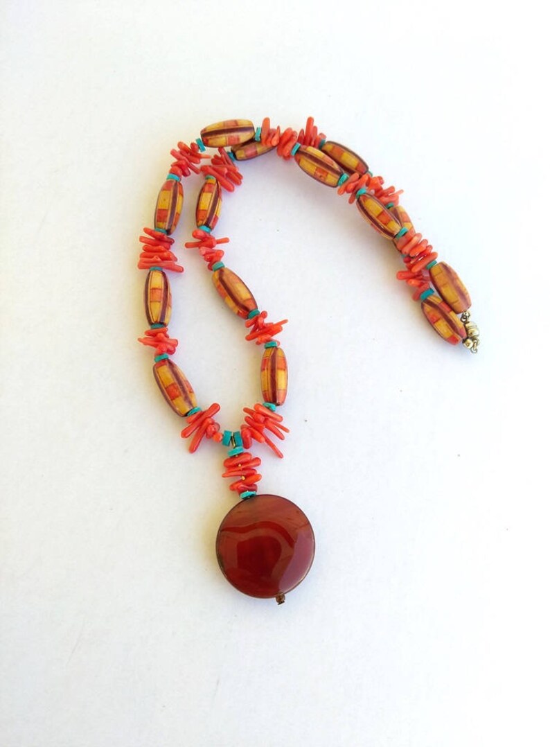 Orange Coral Beads Multicolor Wood Beads Red Natural Agate Necklace, Vintage Carnelian Coral Wood Bead Pendant Necklace Turquoise Stones