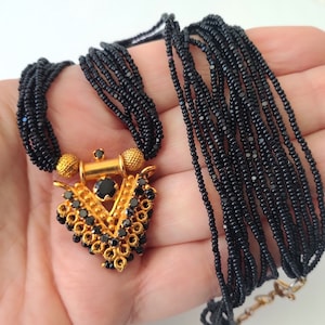 Multi Strand Black Gold Pendant Necklace, Black Rhinestone Dangle Pendant Necklace, Mid Century Mod Vintage Jewelry