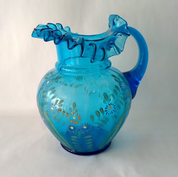 Small Round Honeycomb Glass Pitcher with Hand painted Blue Flowers - I Like  Mikes Mid Century Modern