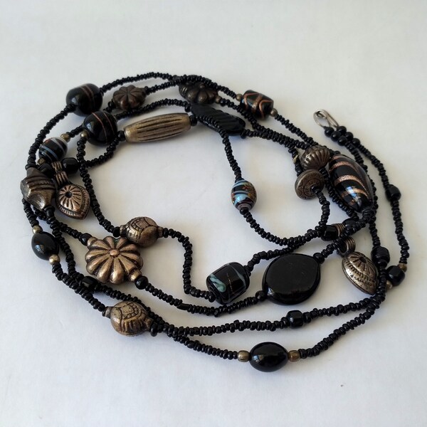 55 inch Black Lampwork Beaded Necklace, Black and Gold fleck Glass Beads, long glass bead necklace