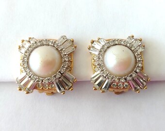 Vintage Nina Ricci Gold Plated Faux Pearl Cabochon Clip On Earrings — Pave Baguette Rhinestone Cluster Statement Jewelry