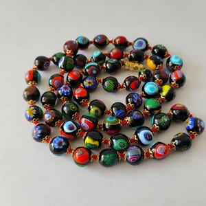 Murano Millefiori Multicolor Art Glass Bead Necklace 30 inch, Italian Venetian Millefiori Art Glass Bead Necklace, Long  Millefiori Necklace