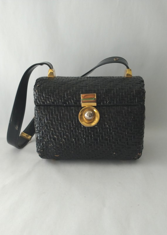 Koret Wicker Box Purse Black Patent Leather Strap