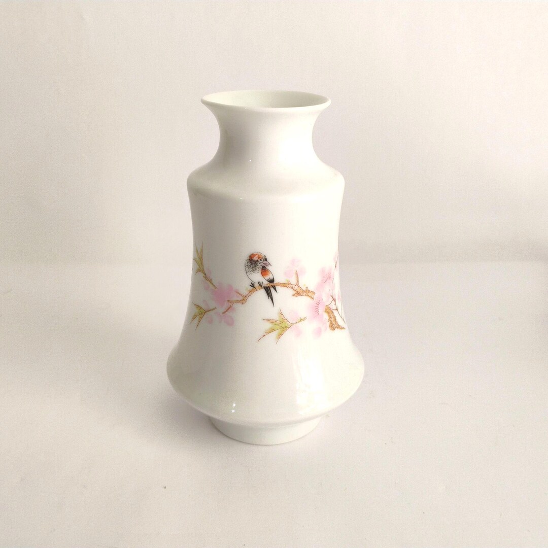 Signed Chinese White Porcelain Pink Floral Bird Vase Mid Century - Etsy