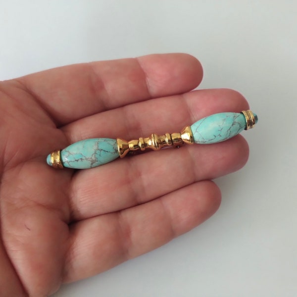 Art Deco Turquoise Stone Bar Brooch, Gold Plated Genuine Turquoise Brooch Gift for Her