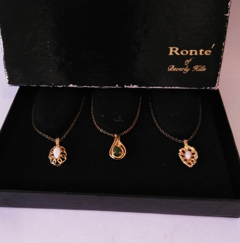 Jade Pendants Vintage Jewelry Pearl Ront\u00e9 of Beverly Hills Gold Plated Gemstone Pendants Set of 3 Gemstone Pendants Genuine Opal