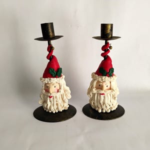 Santa Claus Candlestick Holders 2 Polymer Clay Santa Face Candlestick Holders 1997 MJD Designs Handmade Polymer Clay Santa Claus Head Candle
