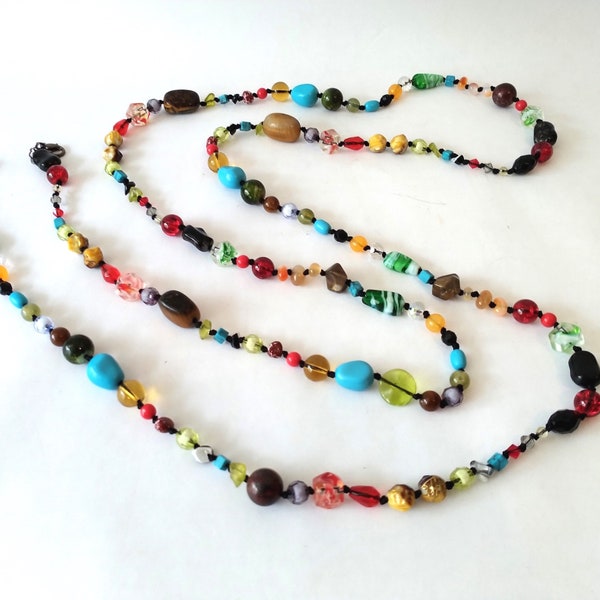 64 inch Art Glass Multi Stone Bead Necklace, Cookie Lee Multicolor Bead Necklace, Long Art Glass Bead Necklace