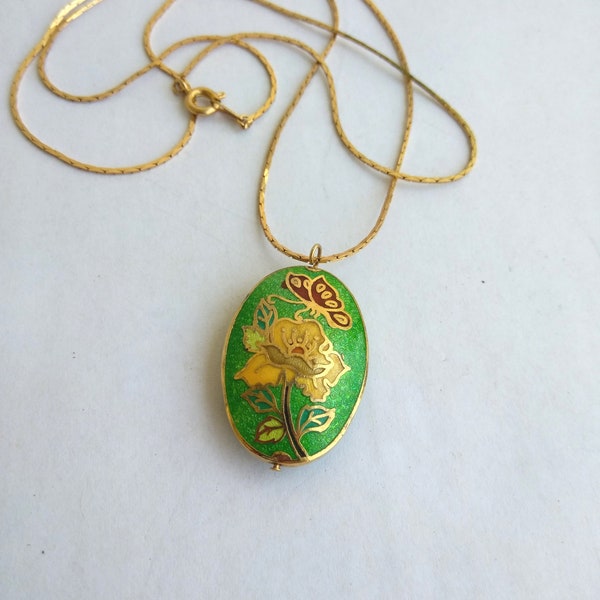 Vintage Oval Cloisonne Floral Butterfly Pendant Necklace, Green Multi Colored Enamel Oval Pendant, Gold  Cloisonne Pendant, Vintage Jewelry